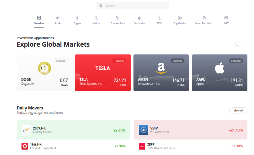 eToro markets available.