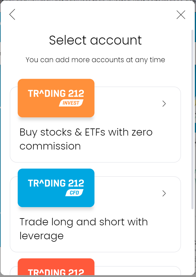 Trading 212 onboarding section.