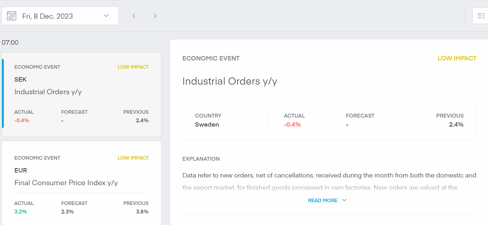 Economic event section on Trading 212.