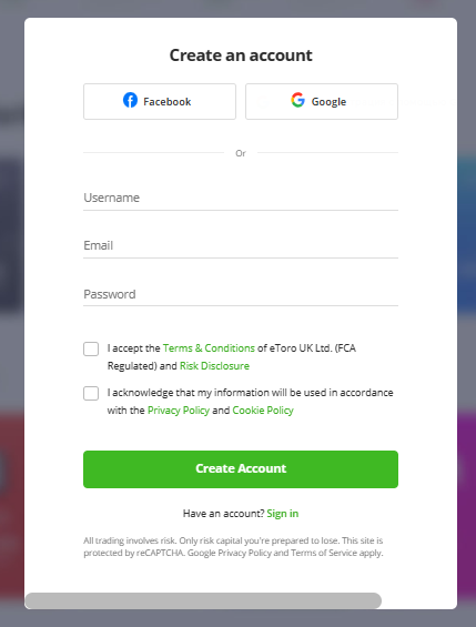 Creating an account on eToro.