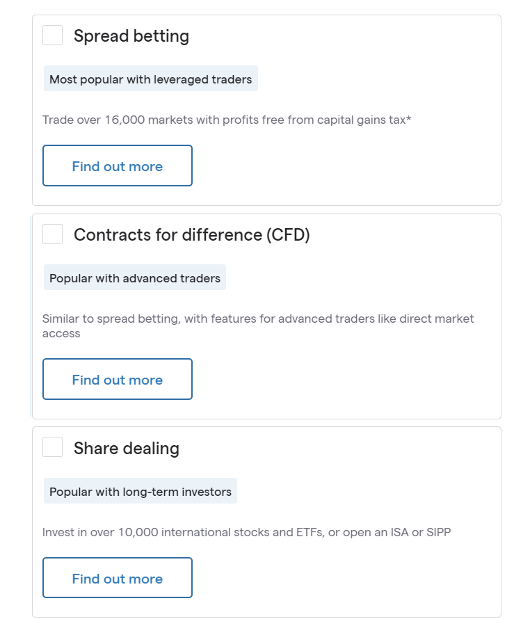 Different markets available on IG.