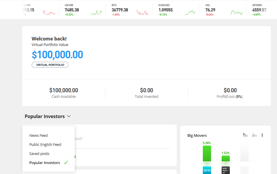 eToro ticker on home tab.
