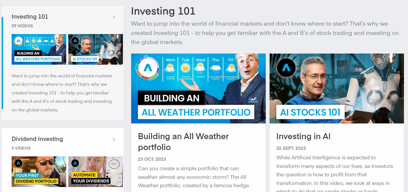 Education section of Trading 212.