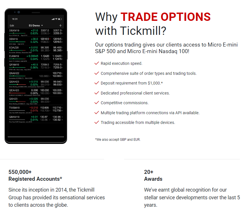 Tickmill - Best for options trading on CQG.